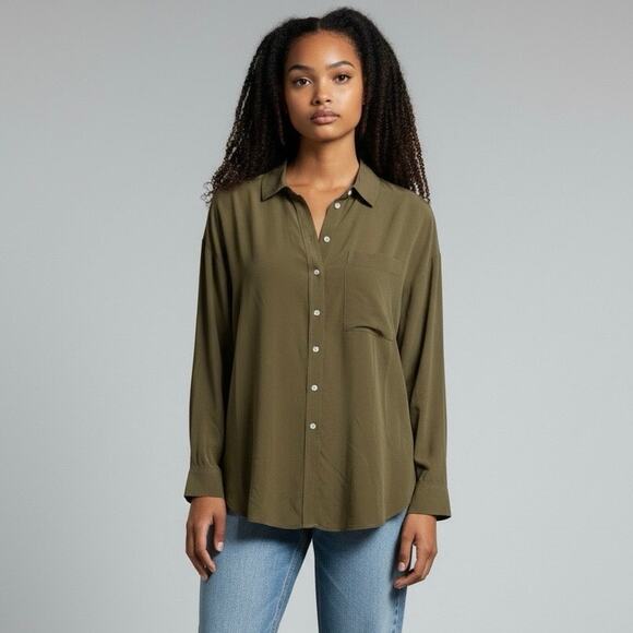 EVERLANE NWT Button Down 100% Silk Oversized Longsleeve Shirt Olive Green Size 0 - Picture 1 of 9